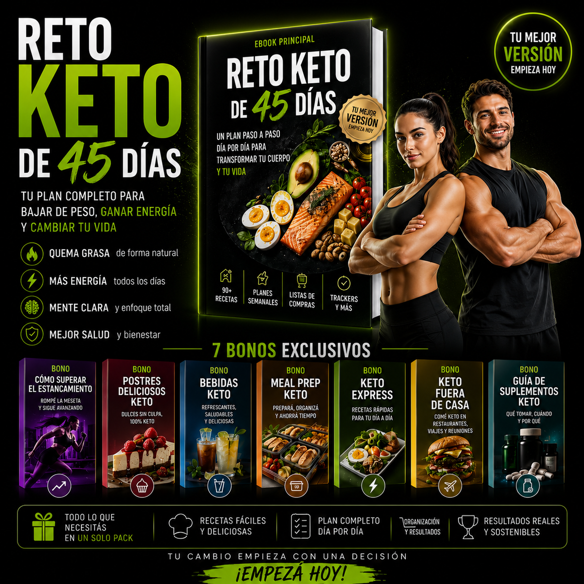 Reto keto 45 días + 7 bonos: Plan resuelto, completo y validado